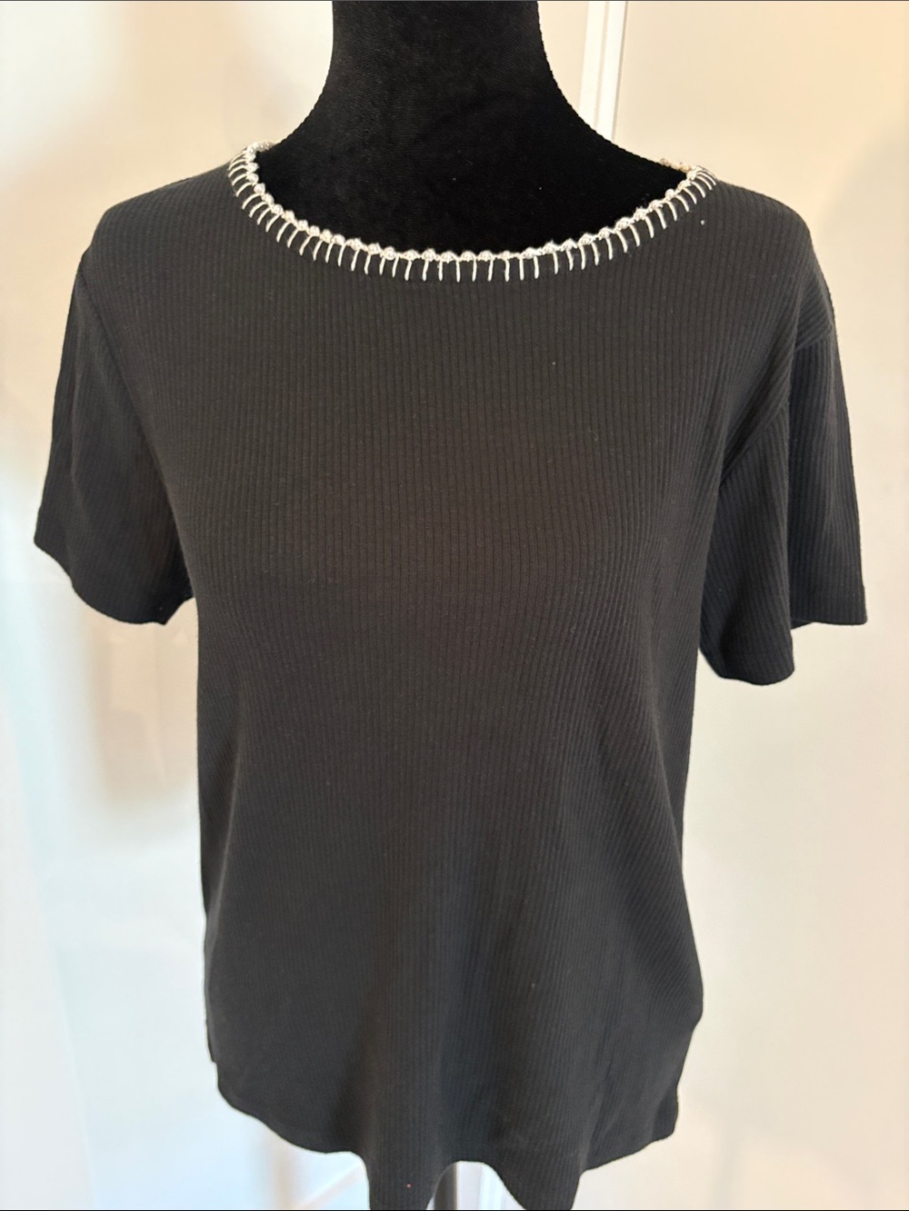 J. Crew Black Short-Sleeve Ribbed Tee with White Contrast Neck